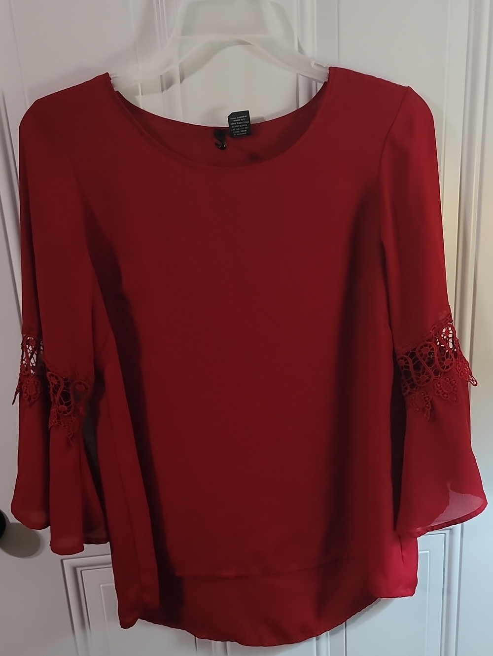new directions Red Lace-Trim Bell Sleeve Blouse